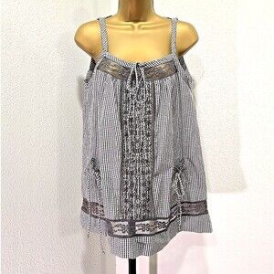 ETC Gray Gingham Check Sleeveless Top Med Cottage Fairy Embroidered Lace Summer